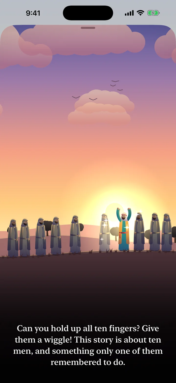 A story film playing in Better Human: ten men at sunset, one of them glowing, with the words to read along