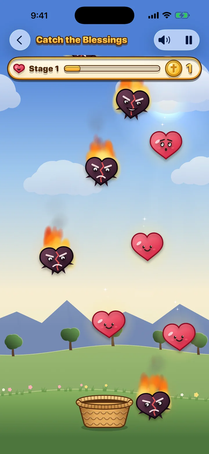 Catch the Blessings in Better Human: hearts falling toward a basket while burning hate-hearts drop past