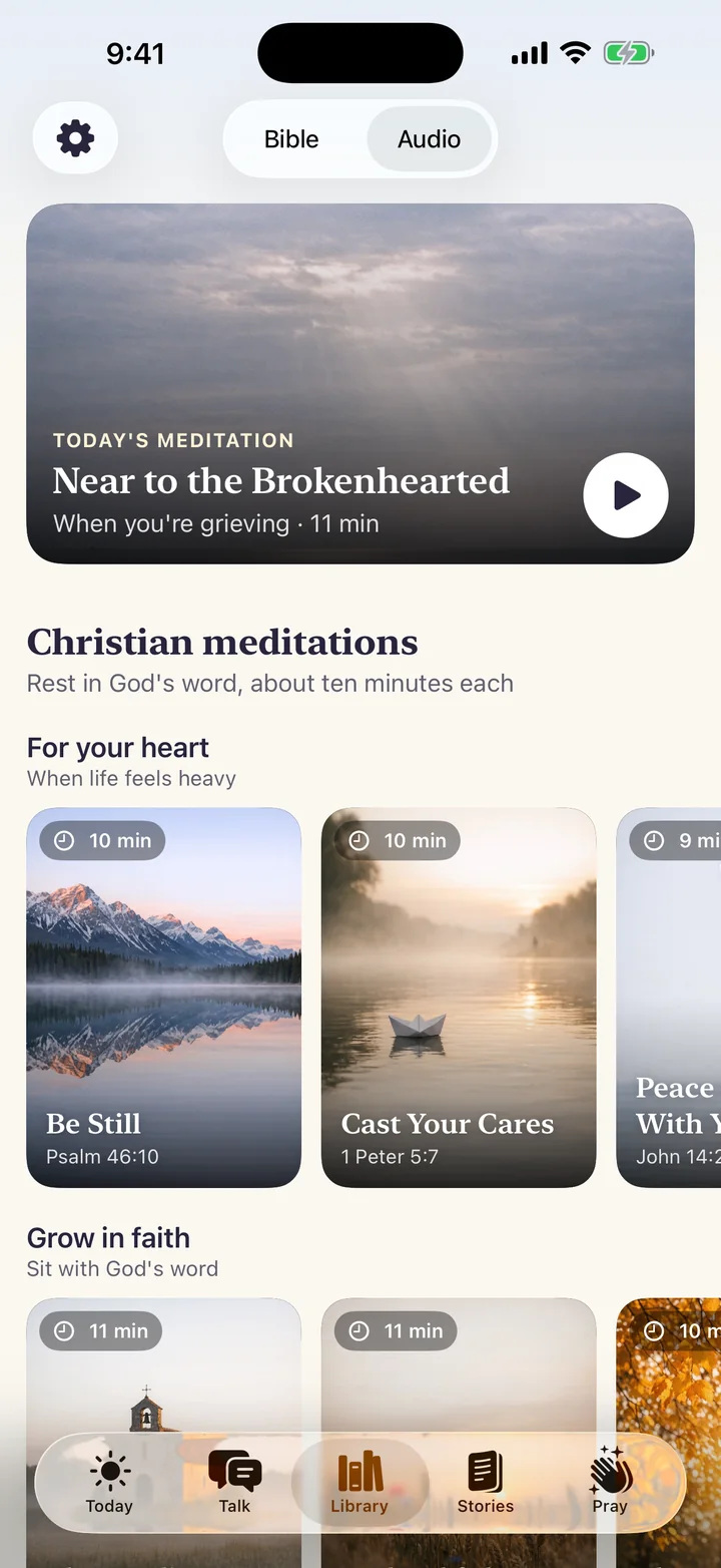 The audio side of the Library: today's meditation and Christian meditations such as Be Still
