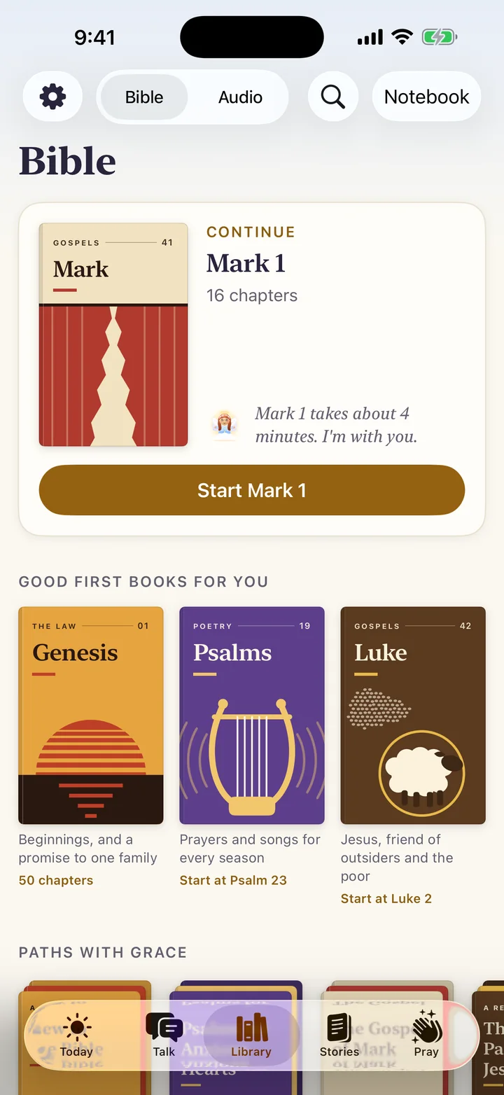 The Bible in Better Human's Library, ready to continue Mark 1, with good first books