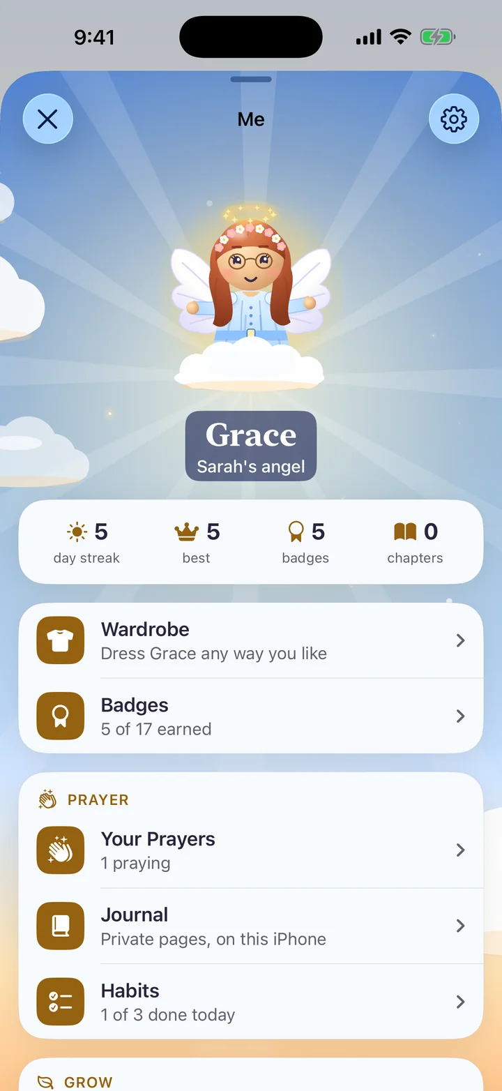 The Me page in Better Human: a five-day streak, badges, prayers, the journal and habits