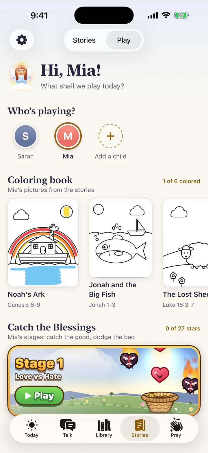 The Play page in Better Human: Hi, Mia, with a profile for each child, the coloring book and Catch the Blessings