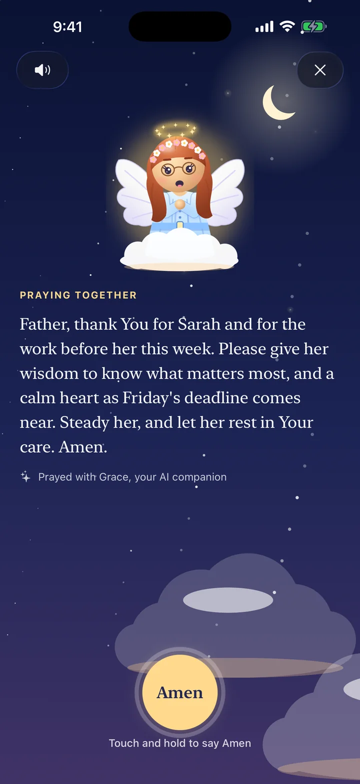 The angel praying aloud for a request in Better Human, under a night sky