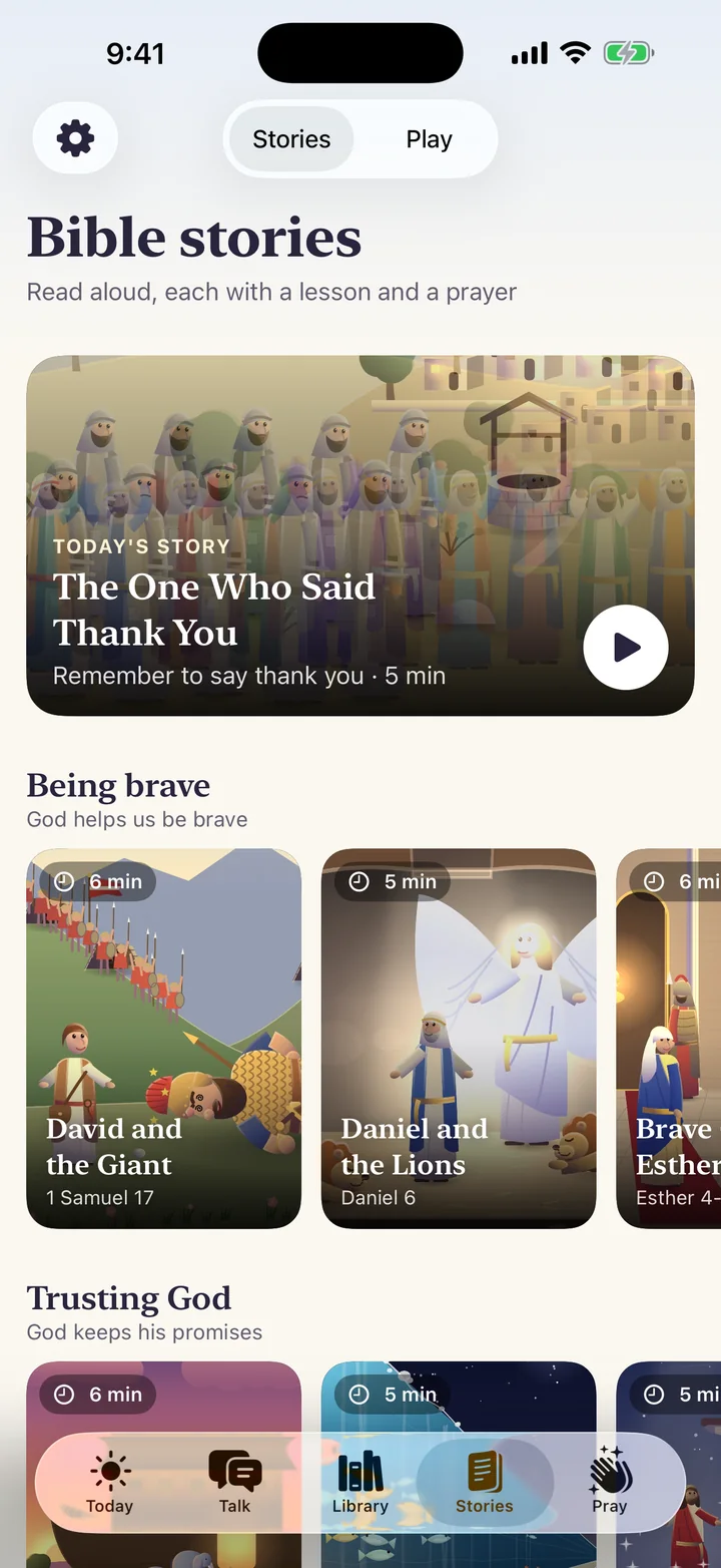 The Stories tab in Better Human: today's story and Bible stories grouped by lesson