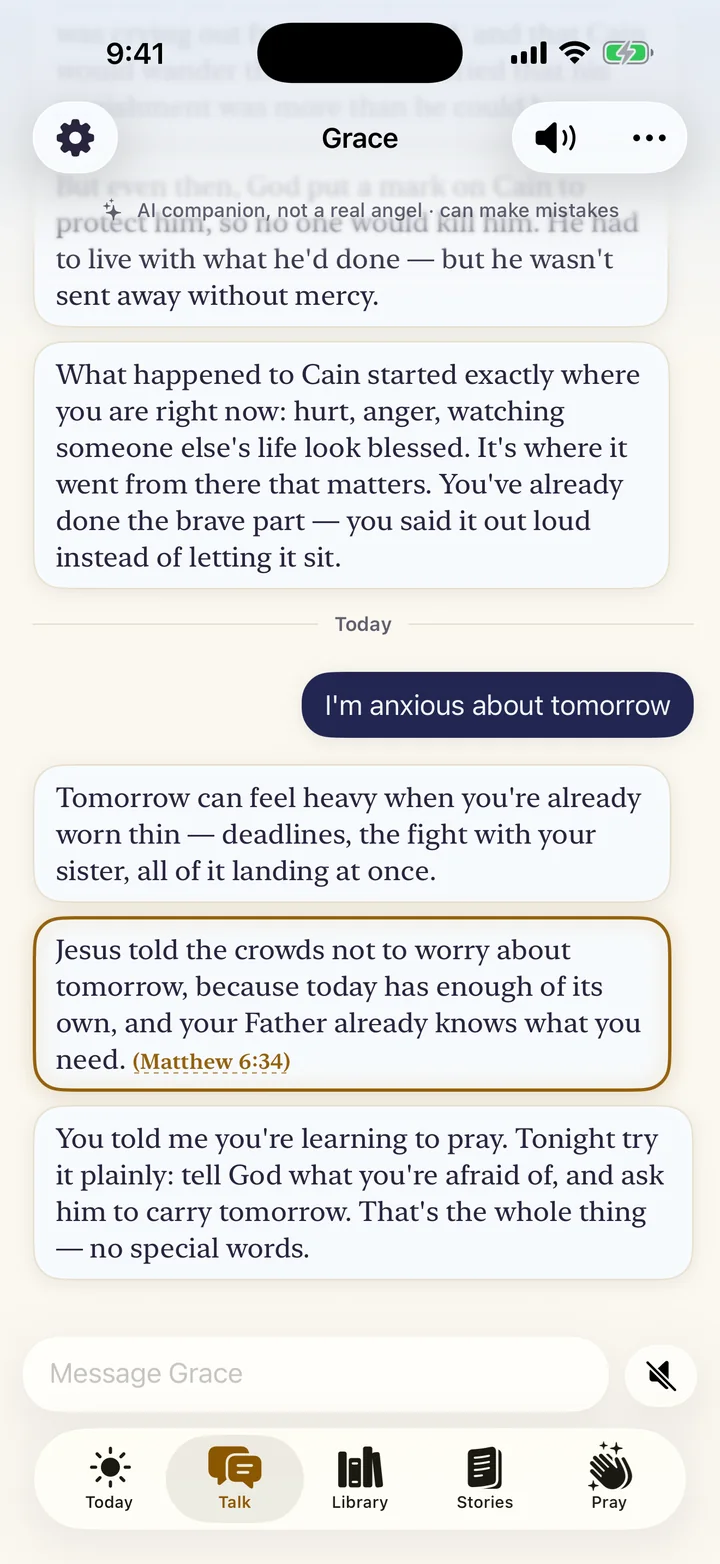 Talking with the angel in Better Human: a worry about tomorrow, answered with Matthew 6:34