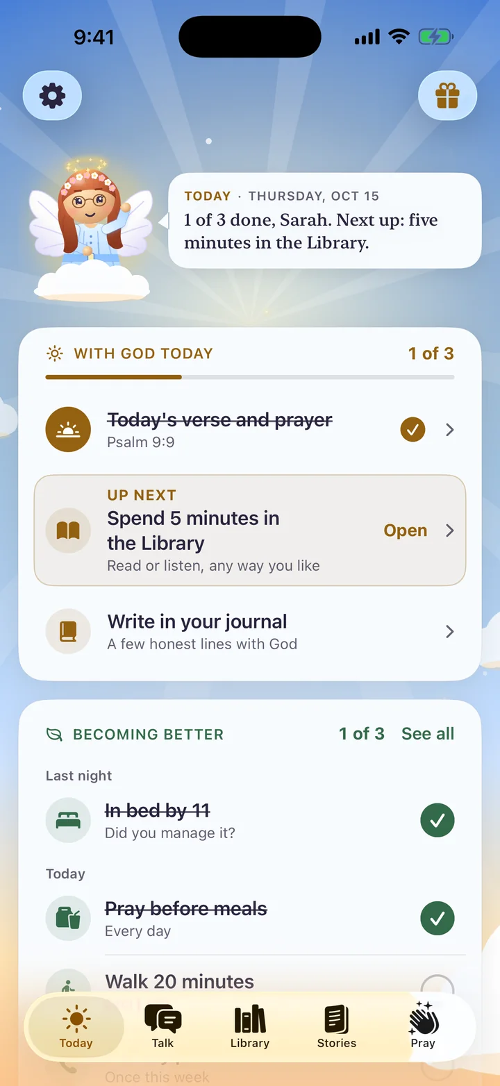 Better Human on iPhone: Today, with a note from the angel, the day's steps with God and small daily habits