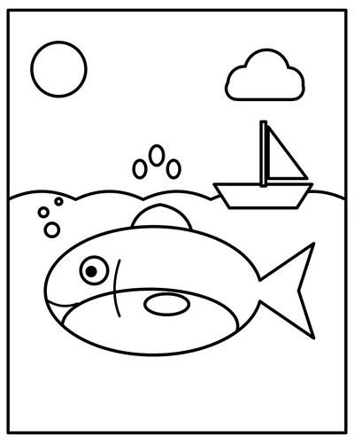 Line drawing of a big, smiling fish swimming in the sea, with a little sailboat on the waves, bubbles, a splash of water drops, the sun and a cloud.