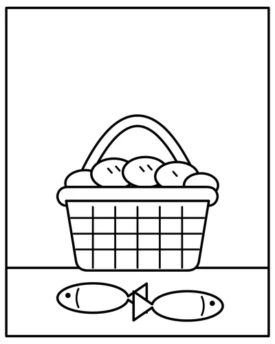 Line drawing of a woven basket with a handle, full of round loaves of bread, with two fish lying on the ground in front of it.