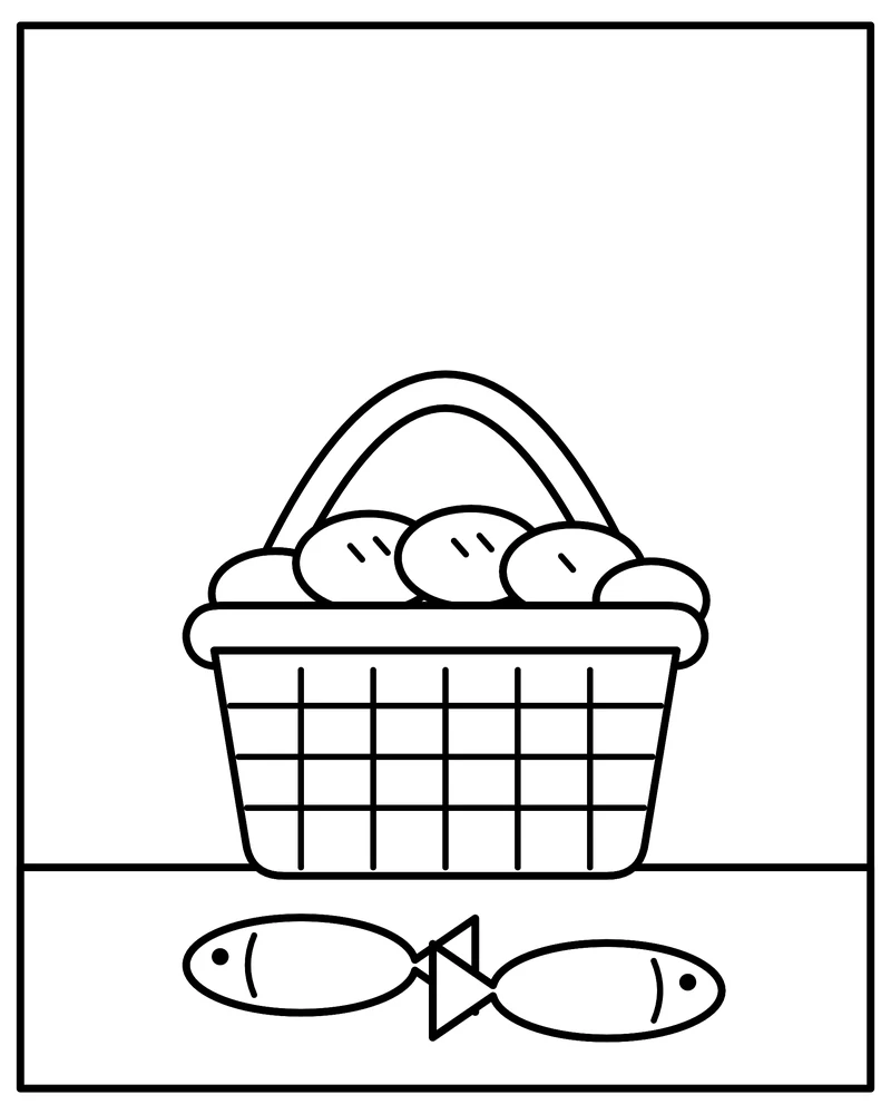 Line drawing of a woven basket with a handle, full of round loaves of bread, with two fish lying on the ground in front of it.