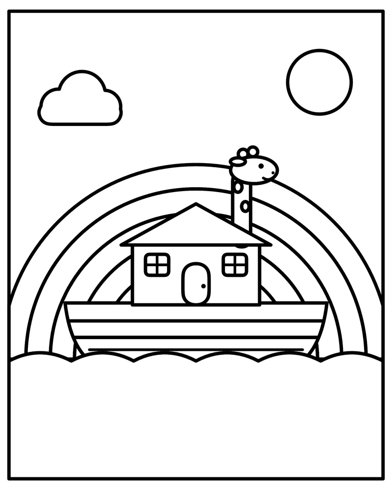 Line drawing of Noah's ark floating on the waves, with a giraffe peeking over the cabin roof, a big rainbow behind the ark, the sun and a cloud.