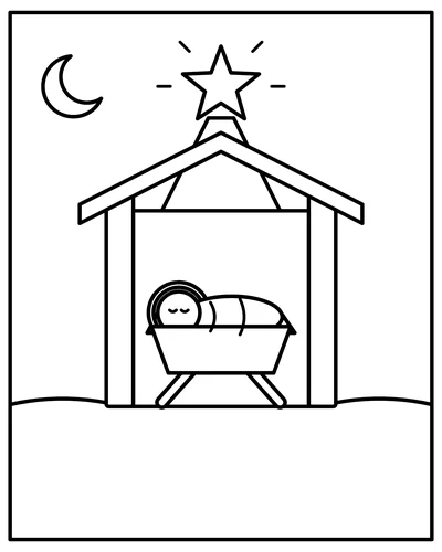 Line drawing of baby Jesus asleep in a manger inside a stable, with a shining star over the roof, a crescent moon and gentle hills.