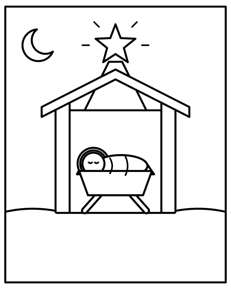 Line drawing of baby Jesus asleep in a manger inside a stable, with a shining star over the roof, a crescent moon and gentle hills.