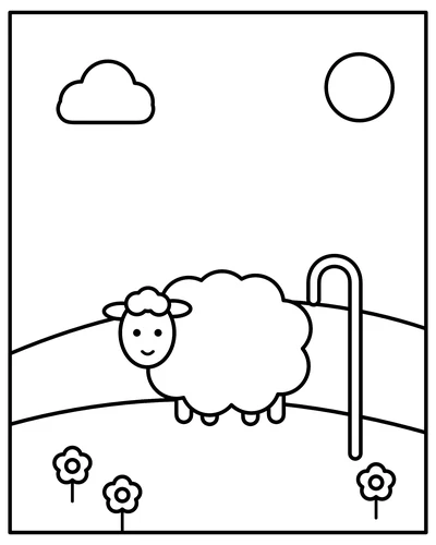 Line drawing of a fluffy, smiling sheep on a grassy hill beside a shepherd's crook, with flowers, the sun and a cloud.