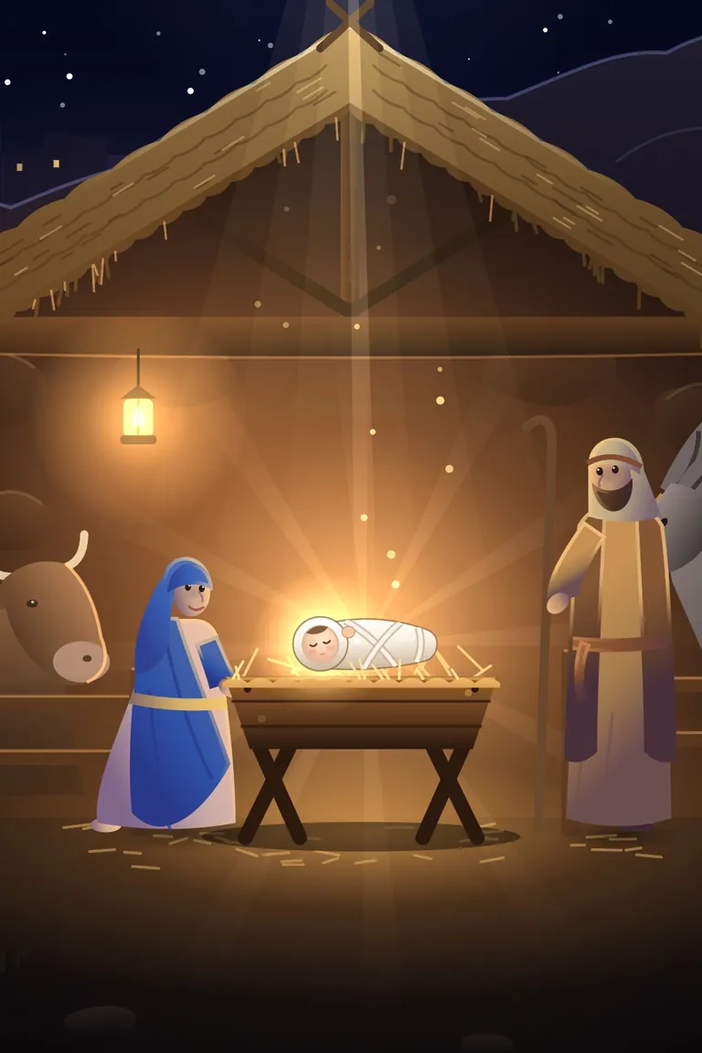 A painting of the stable in Bethlehem at night, from the Better Human story films