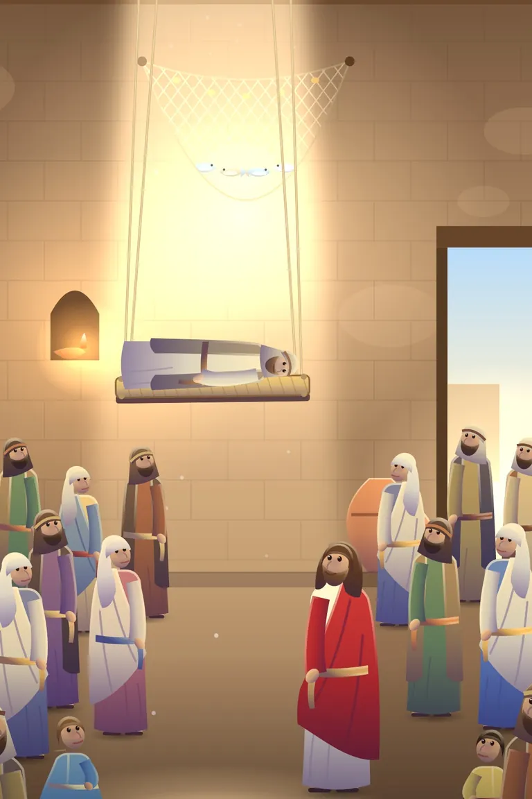 A painting of four friends lowering a man through a roof to Jesus